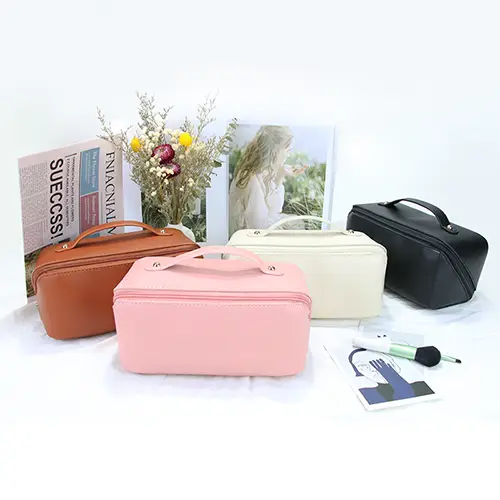 Bearky Beauty Ladies Simple Travel Cosmetic Bag PU Leather Portable Zipper Toiletry Makeup Pouch